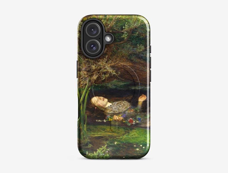 May include: A phone case featuring a painting of a woman floating in water, surrounded by greenery. The artwork has a classical style with muted colors, depicting a serene scene with a sense of tranquility. The case is designed to fit a smartphone.