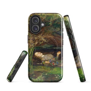 May include: A phone case featuring a painting of a woman floating in water, surrounded by greenery. The artwork is rich in detail, with a focus on the woman's face and the natural environment. The case is black with a camera and button cutouts.