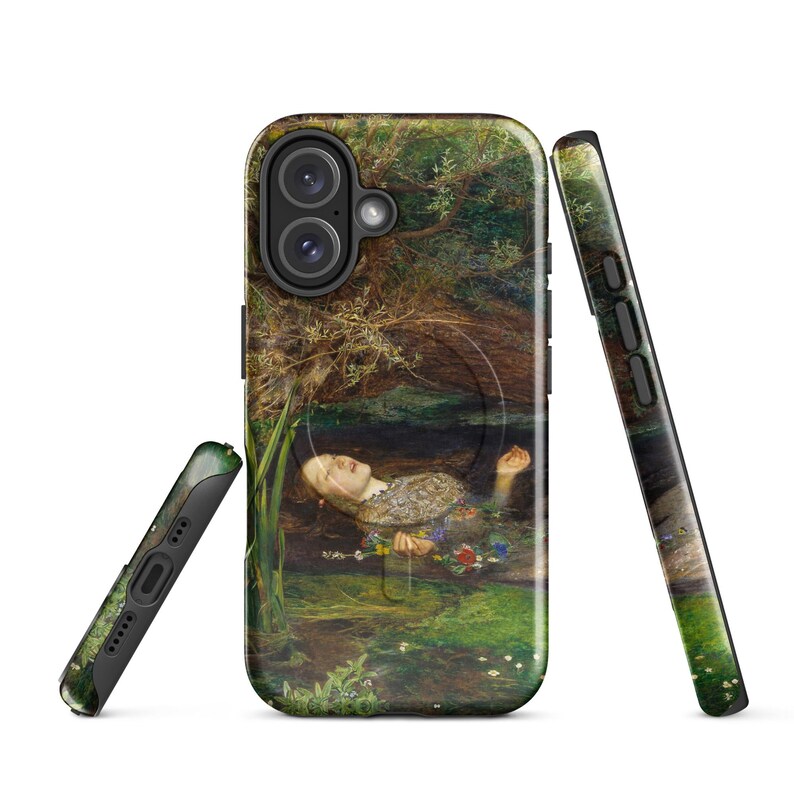 May include: A phone case featuring a painting of a woman floating in water, surrounded by greenery. The artwork is rich in detail, with a focus on the woman's face and the natural environment. The case is black with a camera and button cutouts.