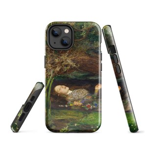 May include: A black iPhone case featuring a painting of a woman floating in water, surrounded by greenery. The artwork depicts a woman with long hair and a floral garland, with a dark background and a detailed, artistic style.