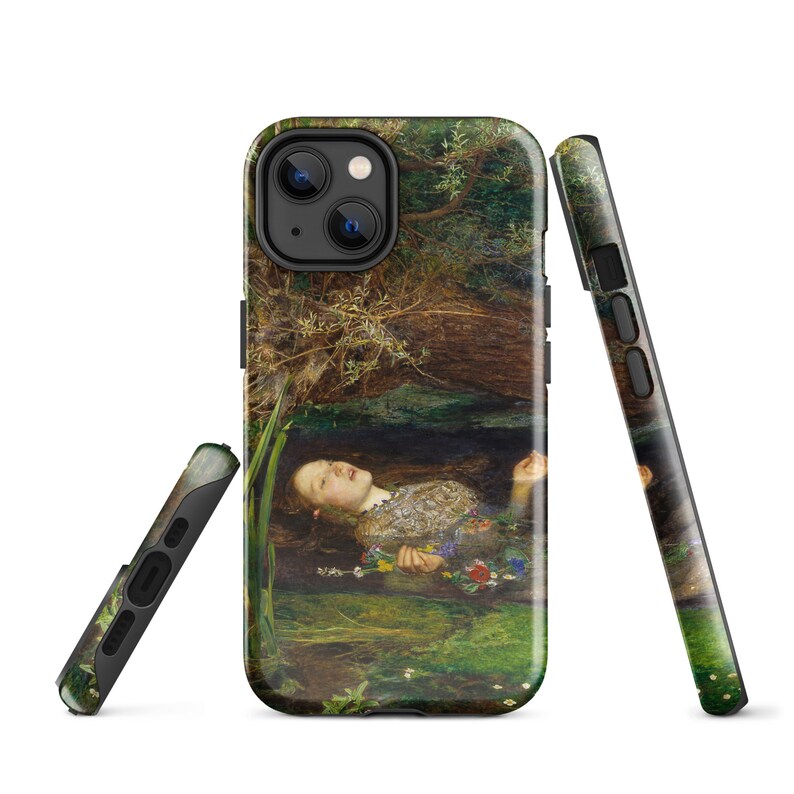 May include: A black iPhone case featuring a painting of a woman floating in water, surrounded by greenery. The artwork depicts a woman with long hair and a floral garland, with a dark background and a detailed, artistic style.