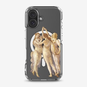 May include: A clear phone case with a black background and a white outline of a magnifying glass. The case features a Renaissance-style painting of three women in a circle.