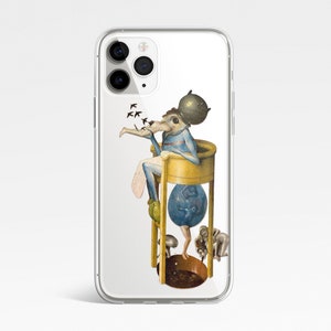 May include: Clear phone case featuring a whimsical illustration. A seated figure with a bird-like head and blue attire is inside a yellow hourglass. Small birds fly from the figure's hand. A blue orb and small figures are also present.