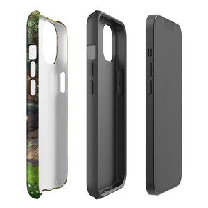 May include: A phone case with a colorful, artistic design featuring a landscape with trees and foliage. The case is shown in three views: the front, the side, and the back. The case is designed to fit a smartphone.