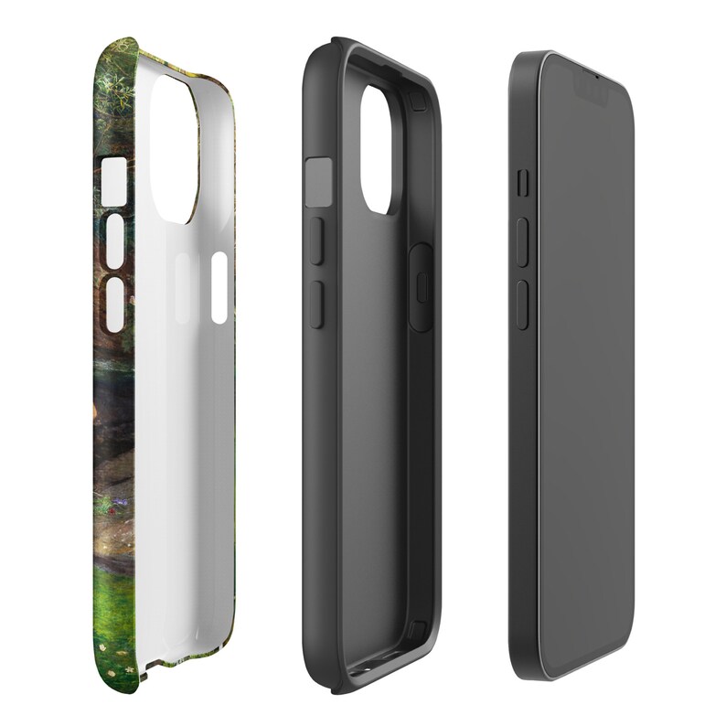 May include: A phone case with a colorful, artistic design featuring a landscape with trees and foliage. The case is shown in three views: the front, the side, and the back. The case is designed to fit a smartphone.