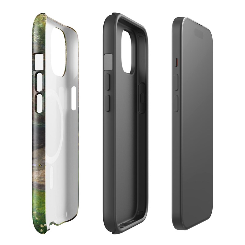May include: A set of three phone cases. One case features a colorful, nature-themed design with green, brown, and white hues. The other two cases are solid black and gray. The cases are designed to protect the phone.