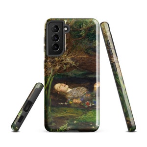 May include: A phone case featuring a painting of a woman floating in water, surrounded by flowers and greenery. The case is black with a glossy finish, and the artwork is a detailed depiction of a classic art scene. Two additional cases are angled to show the sides.