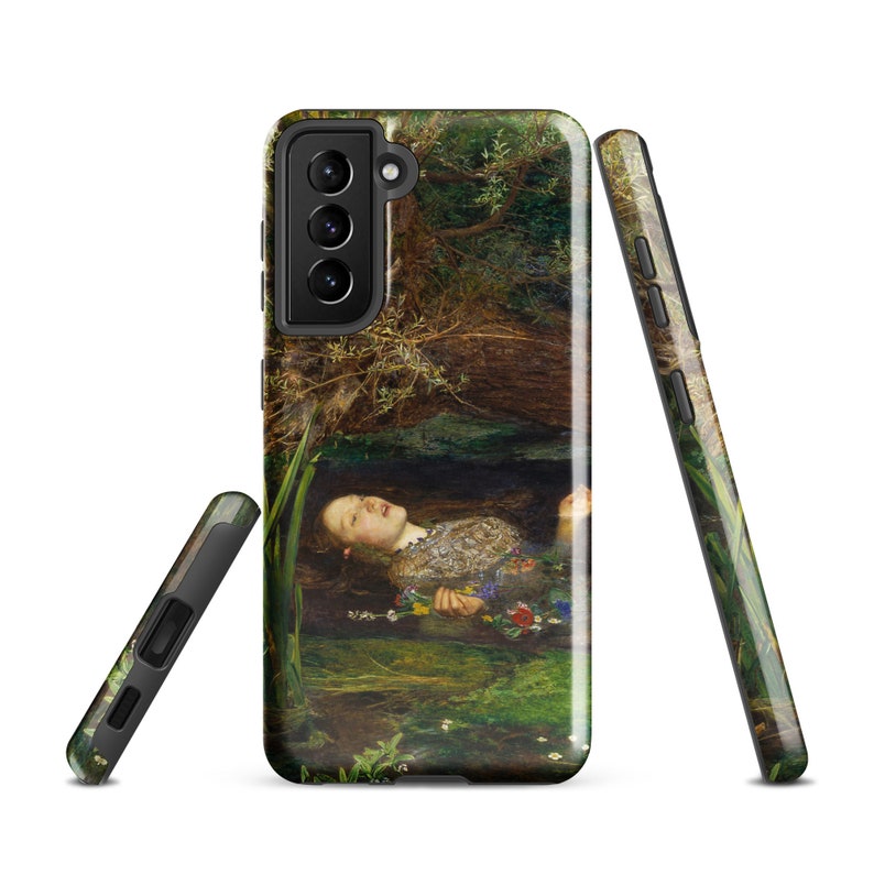 May include: A phone case featuring a painting of a woman floating in water, surrounded by flowers and greenery. The case is black with a glossy finish, and the artwork is a detailed depiction of a classic art scene. Two additional cases are angled to show the sides.