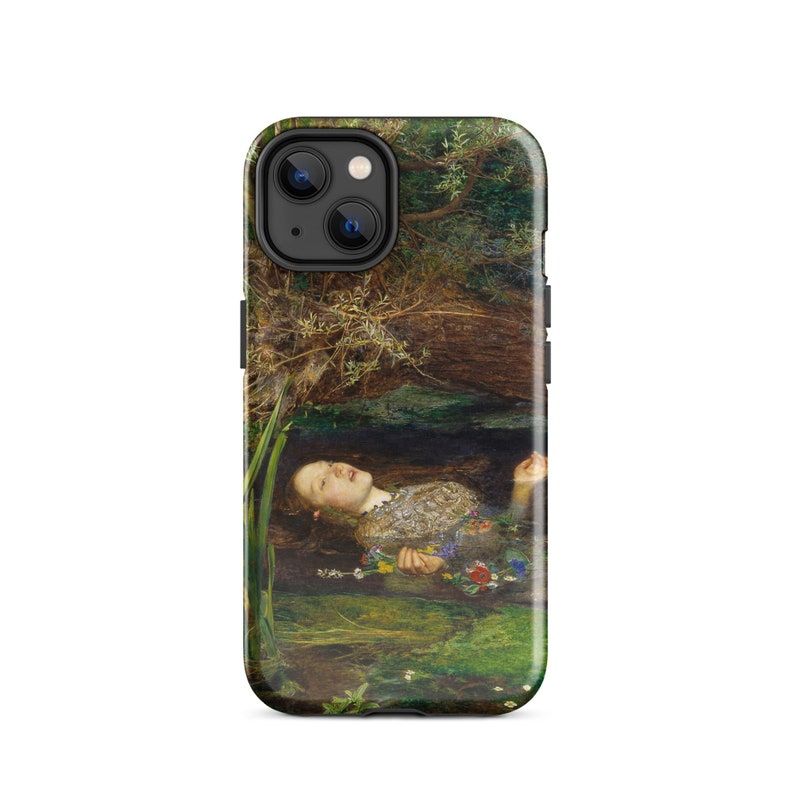 May include: A phone case featuring a painting of a woman floating in water, surrounded by greenery. The artwork depicts a woman with long hair and a floral dress, with a dark background and a serene atmosphere.