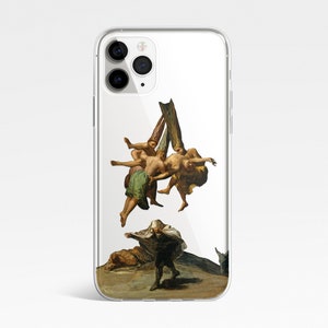 Puede incluir: Una funda transparente para teléfono con una pintura de cuatro figuras en una pose en espiral y caótica. Las figuras están desnudas y parecen estar cayendo del cielo. El fondo es blanco.