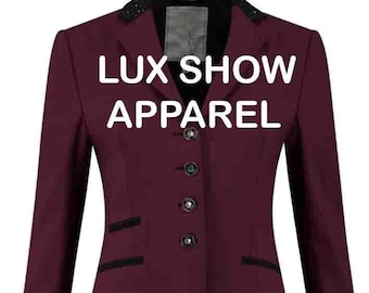 May include: A burgundy blazer with black trim and buttons. The blazer has a collar with black sequins. The text "LUX SHOW APPAREL" is printed on the front of the blazer.