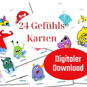 Tarjetas de sentimientos | Niños | Monstruos | tarjetas ilustradas | Descargar juego de cartas de sentimientos | Atención plena | Regalo para niños | Tarjetas didácticas Montessori
