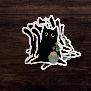 Sticker chat noir, sticker chat mignon avec plante, sticker pour petit ordinateur portable, sticker pour ordinateur portable, sticker pour agenda, cadeau pour amoureux des chats