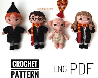 May include: Crochet pattern for Harry Potter, Hermione Granger, Ron Weasley and Dobby. The pattern is available in English and is a PDF download. The characters are wearing their Hogwarts uniforms and scarves.