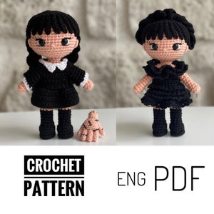 Wednesday Amigurumi doll crochet pattern, body and two dresses, party dress, English pattern, Merlina, PDF, New year, gift