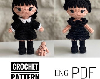 Wednesday Amigurumi doll crochet pattern, body and two dresses, party dress, English pattern, Merlina, PDF, New year, gift