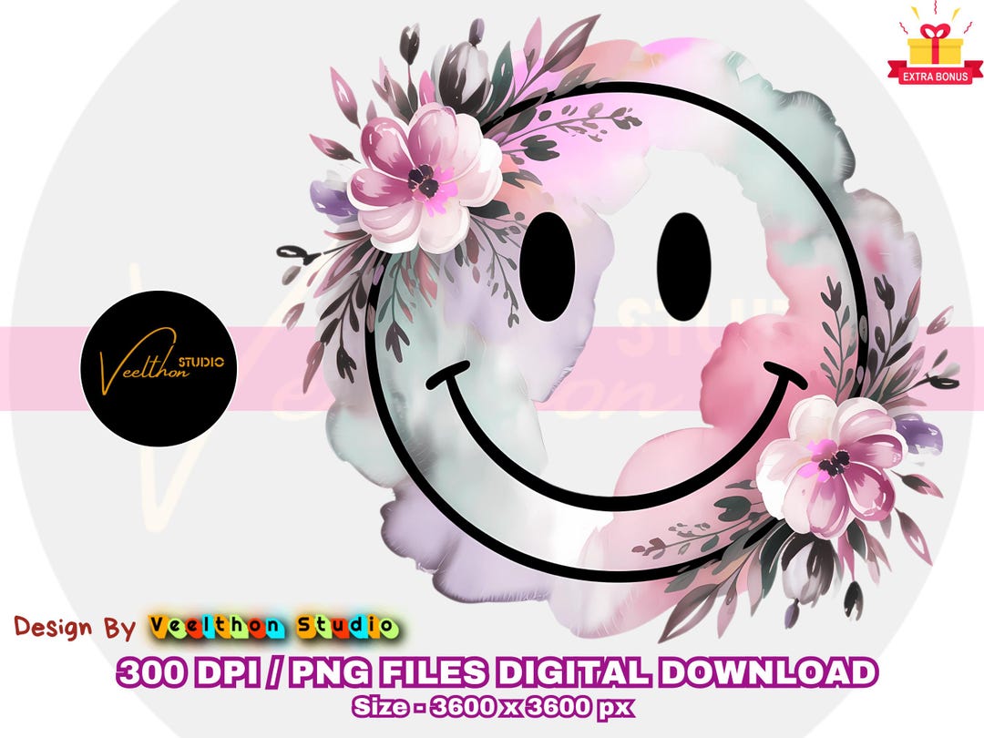 Floral Smiley Face PNG: Retro Boho Watercolor Sublimation Design ...