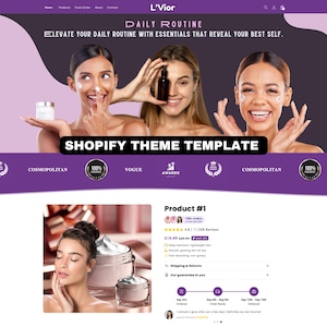 以下が含まれることがあります： 「DAILY ROUTINE」と「ELEVATE YOUR DAILY ROUTINE WITH ESSENTIALS THAT REVEAL YOUR BEST SELF」のテキストが特徴のL'Viorのウェブサイトデザイン。女性とスキンケア製品の画像が含まれています。「SHOPIFY THEME TEMPLATE」のテキストも表示されています。