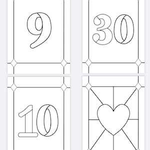 May include: Four white cards with black outlines. The cards feature the numbers 9, 30, and 10, and a heart shape. Each card has a decorative border with diamond shapes at the corners. The numbers and heart are in a bold, outlined font.