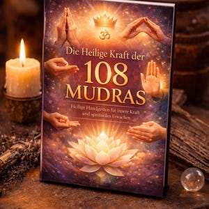 May include: A book titled "Die Heilige Kraft der 108 Mudras" with a lotus flower illustration. The cover features hands in various mudras, with text in German. A lit candle and a glass sphere are on the wooden surface.
