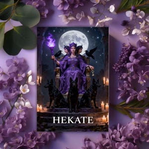 May include: A digital art print depicting a woman in a purple gown on a throne, holding a staff with a purple flame. The print includes black dogs, ravens, candles, and the word "HEKATE". The background shows a full moon.