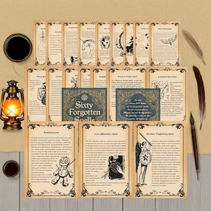 May include: A set of vintage-style spell cards with illustrations and text, including a central card that reads "Sixty Forgotten Spells." The cards are arranged with a lantern, inkwell, and feathers.