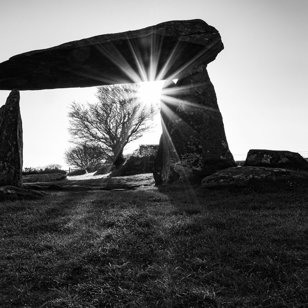 Pentre Ifan, Pembrokeshire, black and white photograph, print, burial chamber, welsh stone henge