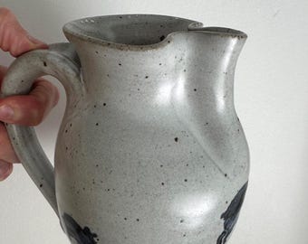 Vintage Earthenware Artisan Earthbound Pottery Pitcher / Vase in blue & speckled white pig pattern.