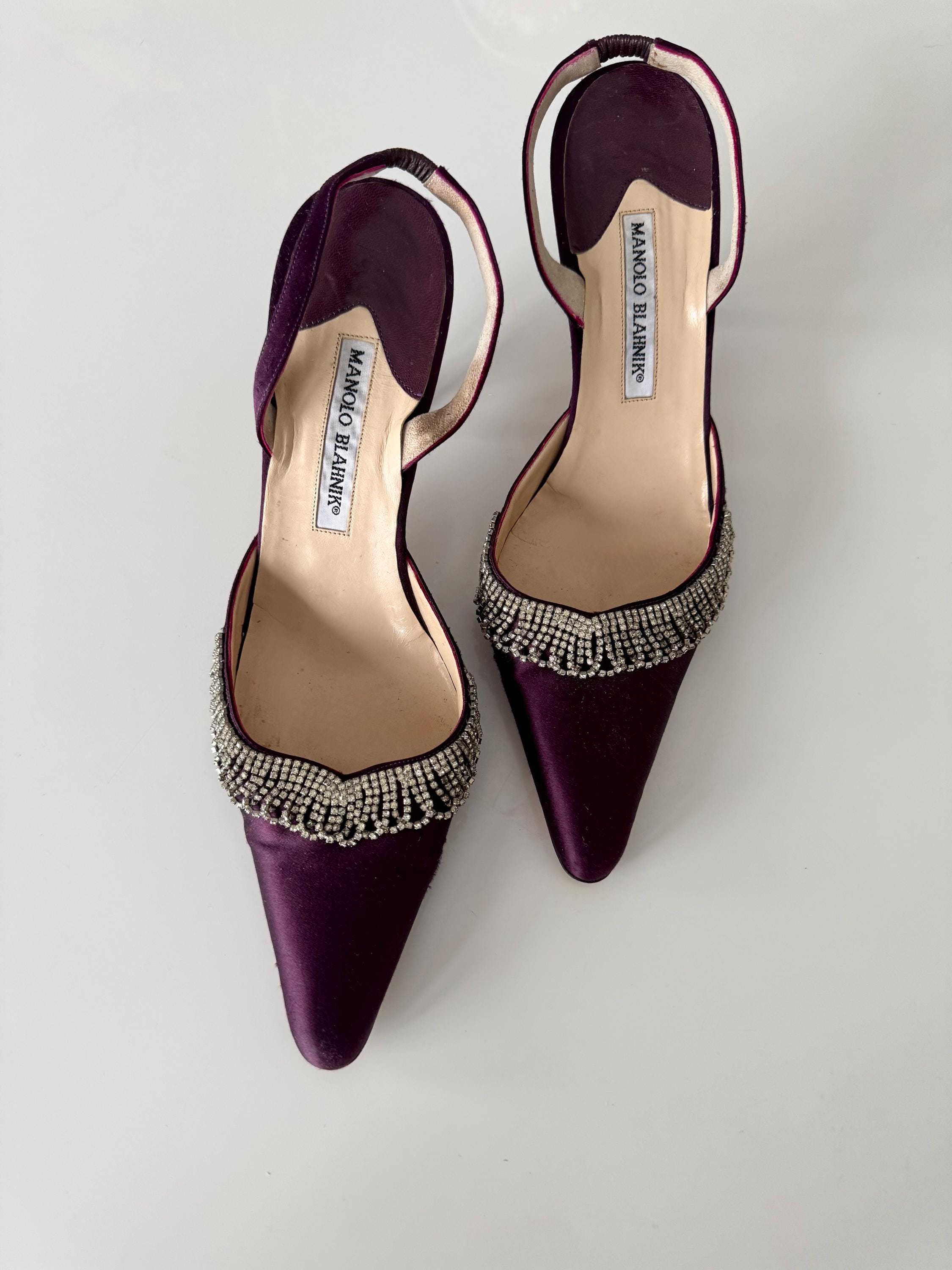Vintage Manolo Blahnik Silk Slingbacks: Rhinestone Scalloped