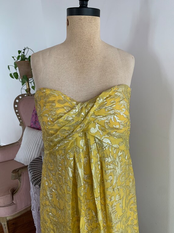Nicole Miller Yellow Metallic Gold Silver Strapless Column Formal Silk Long Maxi Dress Etsy