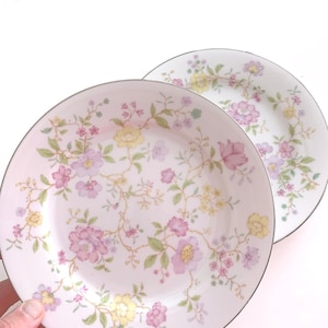 Könnte beinhalten: Zwei weiße Porzellanplatten mit einem floralen Muster in Rosa-, Gelb- und Grüntönen. Die Teller haben einen goldenen Rand.