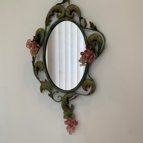 Vintage pink glass crystal Venetian beaded mirror with intricate green leaves design frame