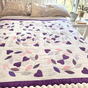 Vintage 80’s 90’s Cotton Quilt in Purple & Pink Floral Hearts Appliqué (70” x 84”)