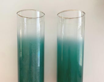 pair of vintage MCM highball ombre blue green turquoise cocktail glasses with gold detailing