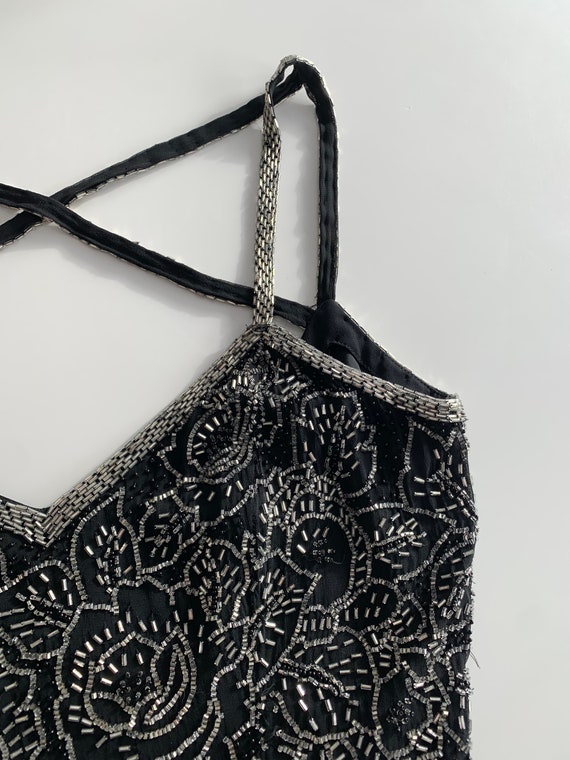 Vintage black Oleg Cassini silk beaded mini dress… - image 7