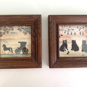 sweet vintage MCM original paintings; kittens with mittens and horse & carriage in oak frame. signed by artist. cottage core vibes!