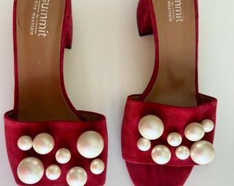 90s mulberry Burgundy Red Velvet Mules with Pearls, Vero Cuoio, EU 37