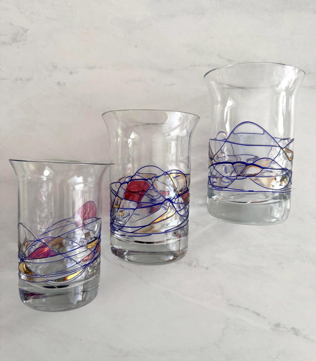 Vintage Abstract Stained Glass Juice Cocktail Glasses - Set of 3 Jewel ...
