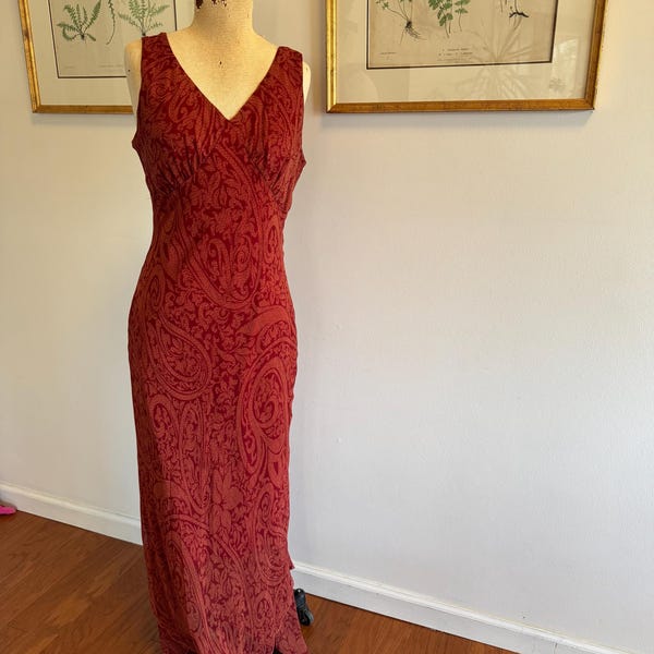 Vintage Ralph Lauren Style Red Silk Dress; Bias Cut, Florentine Paisley Print; Perfect for Valentine’s Day