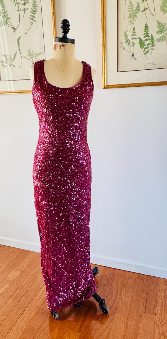 Vintage Lawrence Kazar Sequin Silk Dress, Burgundy / Cranberry Red, Racer-back Evening Gown. Very Ralph Lauren Style Vintage Lawrence Kazar Sequin Silk Dress, Burgundy / Cranberry Red, Racer-back Evening Gown. Very Ralph Lauren Style