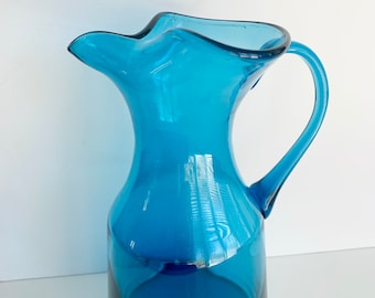 Vintage Teal Murano Glass Pitcher: Turquoise Wave Edge Vase