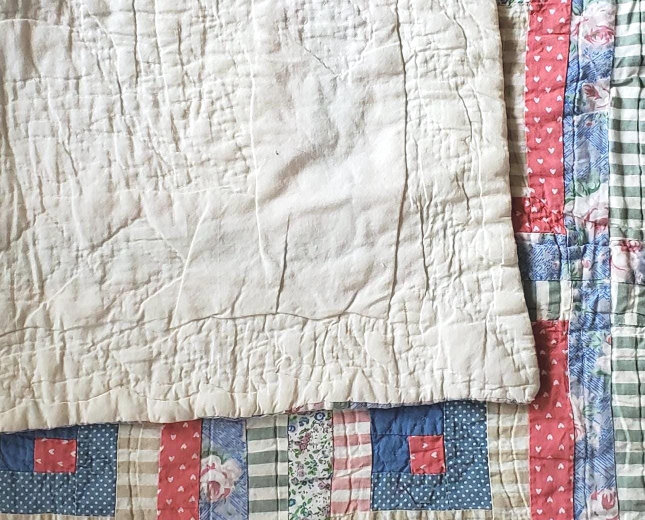 ヴィンテージフローラルカントリーキルト、ピンク＆ブルーシャンブレー