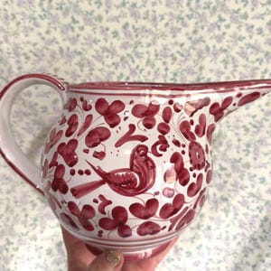Jarra de cerámica vintage Deruta: Jarrón italiano con diseño floral de pájaros rojos y blancos