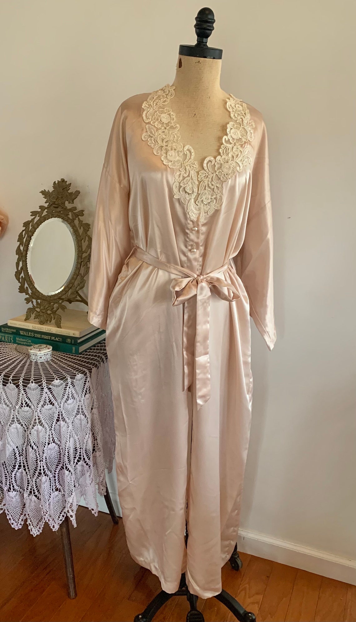 Vintage Pale Pink Robe Dress: 90s Silky Wrap With Pearl Lace - Etsy