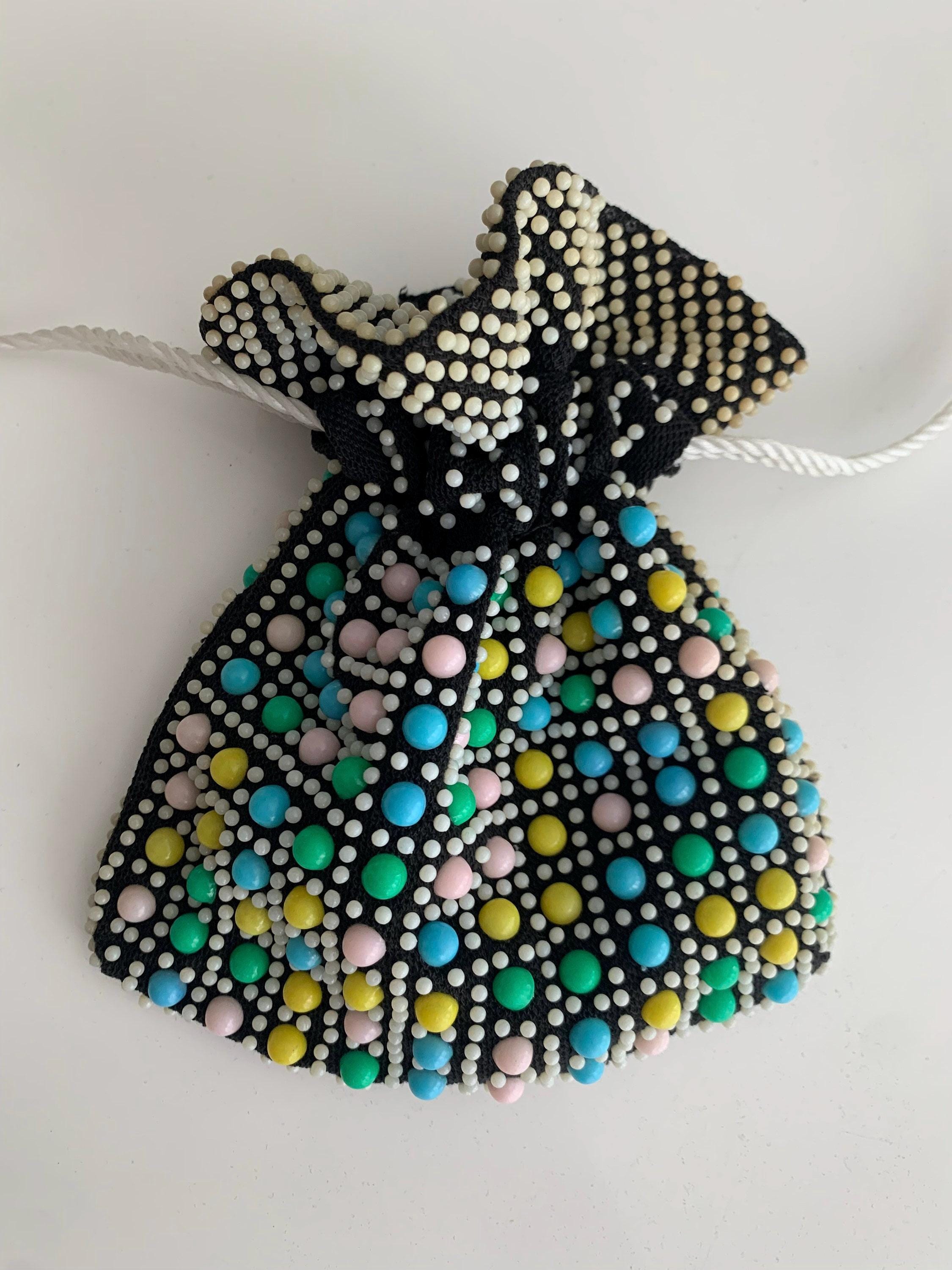 1960s Vintage Beaded Cinch Bag: Black Fabric With Pastel Beads - Etsy display picture 1