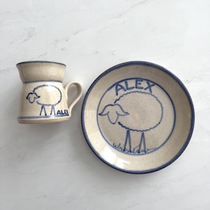 Vintage Heartstone style matching Pottery Mug and plate set. Children’s gift. Natural ceramic coloring with blue hand painted sheep & Alex