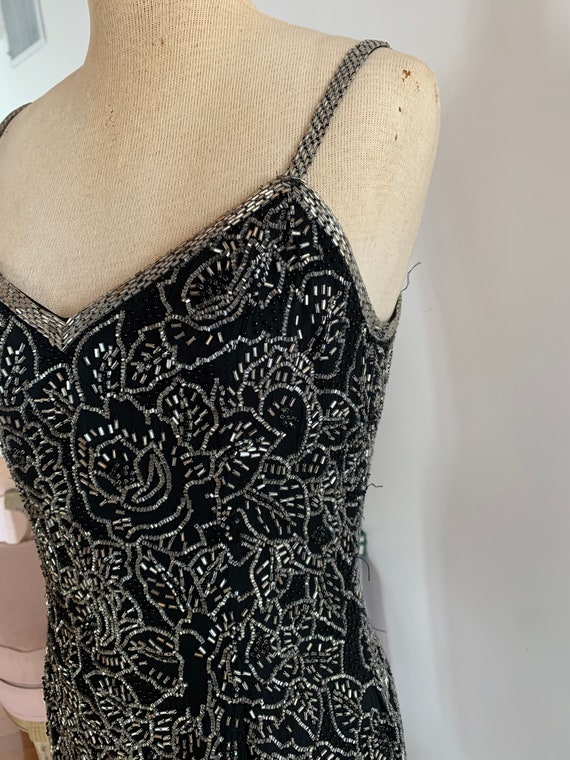 Vintage black Oleg Cassini silk beaded mini dress… - image 9