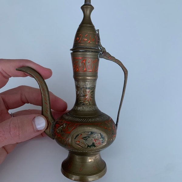Vintage MCM Moroccan/ Turkish style etched brass teapot coffee espresso watering can with ornate. Made in India