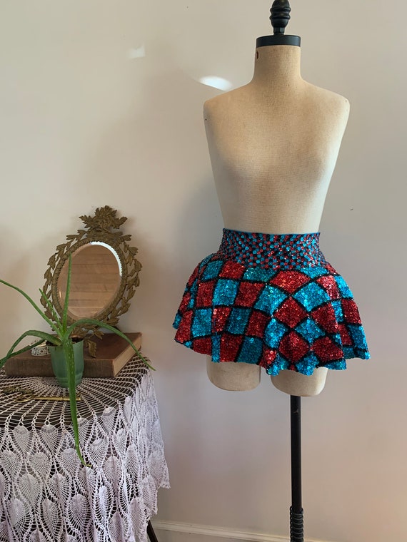Vintage harlequin sequin red & blue Skirt costume… - image 4