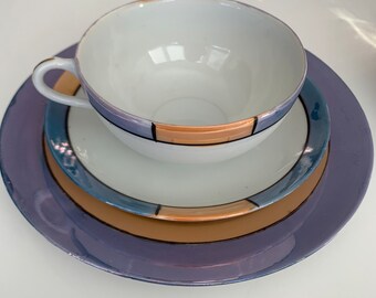 Antique vintage Japanese art deco lusterware tea set in amber & blue